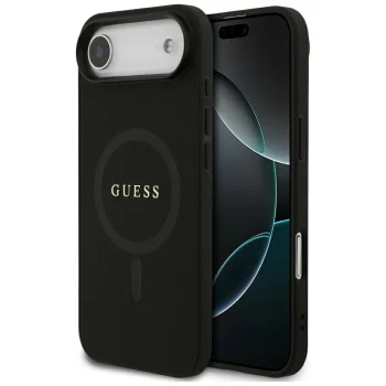Guess Saffiano Classic Logo MagSafe dėklas telefonui iPhone 17 Air, juodas