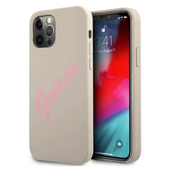 Guess Silicone Vintage Script dėklas iPhone 12 / 12 Pro, pilkas / rožinis