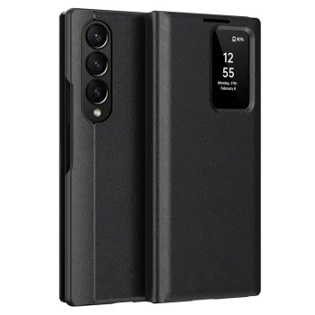 Samsung Galaxy Z Fold 4 (SM-F936) Leather Cover with View Window Card Slot Case, Black