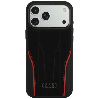 Audi R8 Genuine Leather MagSafe dėklas telefonui iPhone 18 Pro Max / 17 Pro Max, juodas/raudonas