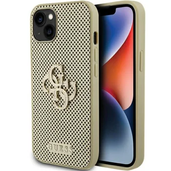Guess Perforated 4G Glitter dėklas, skirtas iPhone 15, auksinis