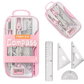 Math Geometry Set 9 Pieces with Compass Ruler Protractor Case, Pink