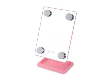 LED kosmetinis makiažo veidrodis su 180° pasukimu, rožinis