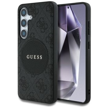 Guess 4G Round Patch Classic Logo MagSafe dėklas Samsung Galaxy S25 Plus, juodas