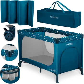 Ricokids RK-240 kelioninė lovelė su čiužiniu ir krepšiu, 125x65x78 cm, tamsiai mėlyna