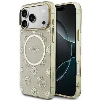 Guess IML Peony Dot MagSafe dėklas iPhone 17 Pro Max telefonui, smėlio spalvos