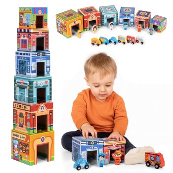 City Stacking Blocks Tower with Wooden Vehicles and Figures 18-Piece Set