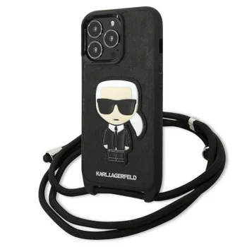 Karl Lagerfeld Leather Monogram Patch and Cord dėklas iPhone 13 Pro / 13, juodas