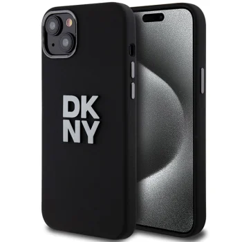 DKNY dėklas, skirtas iPhone 15 Plus, HC Silicone w Stack Metal Logo, juodas
