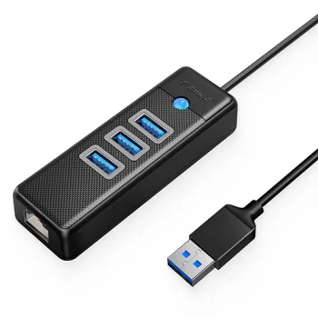 Orico PW3UR-U3 USB 3.0 šakotuvas su 3 prievadais ir RJ45 jungtimi, juodas
