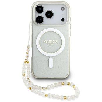 Guess IML Glitter Pearl Strap MagSafe dėklas, skirtas iPhone 17 Pro, skaidrus