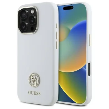 Guess Silicone Logo Strass 4G dėklas, skirtas iPhone 16 Pro, baltas