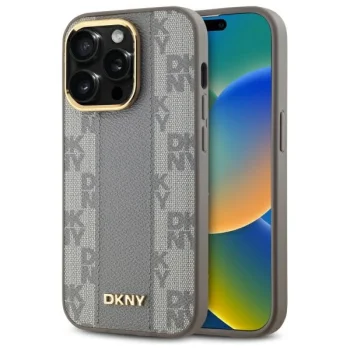 DKNY Leather Checkered Mono Pattern MagSafe dėklas iPhone 14 Pro, smėlio spalvos