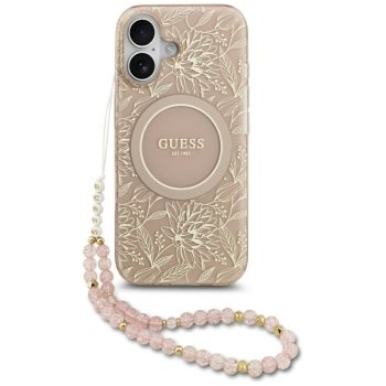 Guess IML Flowers Electro Pearl Strap MagSafe dėklas iPhone 17, rožinis