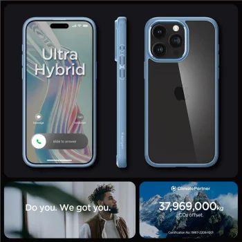 Spigen iPhone 15 Pro Max dėklas Crystal Hybrid, skaidri mėlyna