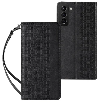 Atverčiamas dėklas Magnet Strap Case skirtas Samsung Galaxy S22+ su stovu ir dirželiu, juodas