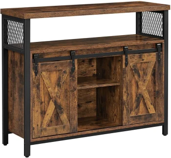 Leobert Chest of Drawers with Sliding Doors, Adjustable Shelves, Rustic Brown
