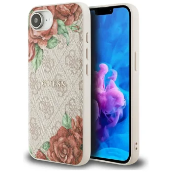 Dėklas Guess 4G Flowers Print MagSafe skirtas iPhone 16e, rožinis