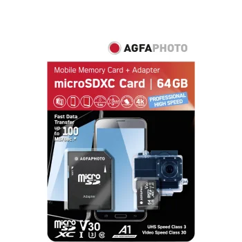 microSDXC atminties kortelė AgfaPhoto UHS-I 16 GB U3 V30 su adapteriu