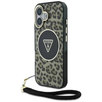 Guess HC IML Leopard Triangle Cord Strap MagSafe Case for iPhone 16, Brown
