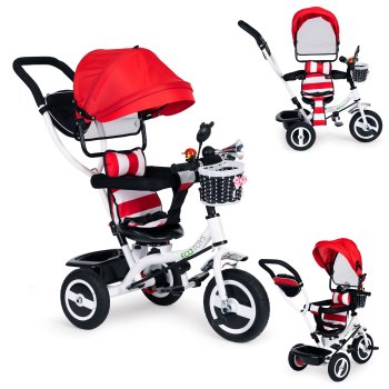 Triratukas ECOTOYS 3-in-1 su stūmimo rankena ir stogeliu, raudonas