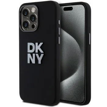 DKNY dėklas „iPhone 15 Pro“ telefonui „Liquid Silicone Metal Logo“, juodas