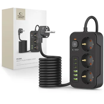 Prailgintuvas Tech-Protect PC3X6, 3 lizdai + 3xUSB-A + 3xUSB-C, 200 cm, juodas