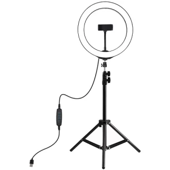 LED žiedinė lempa 26 cm su stovu iki 1,1 m ir telefono laikikliu, USB