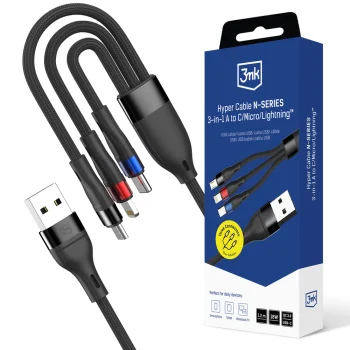 Laidas 3mk Hyper Cable N-SERIES 3in1 USB-A į USB-C / Lightning / Micro 1.2m 18W, juodas