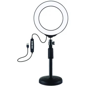 LED žiedinė lempa 16cm su staliniu stovu iki 33cm, USB, RGBW