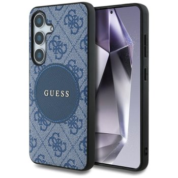 Guess 4G Round Patch Classic Logo MagSafe dėklas Samsung Galaxy S25+, mėlynas