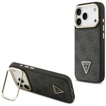 Guess 4G PU Triangle Logo & Stand Camera MagSafe dėklas iPhone 17 Pro, juodas