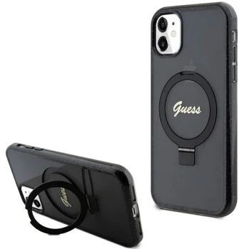 Guess Ring Stand Script Glitter MagSafe dėklas iPhone 11 / XR, juodas