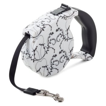 Retractable Dog Leash with Lock, 5m, up to 15kg, White with Lilies