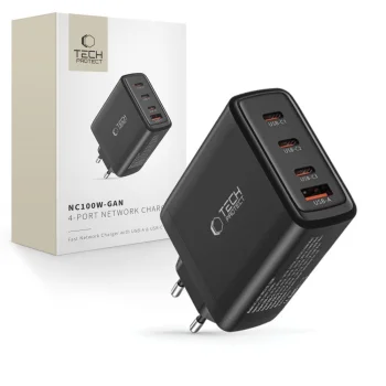 Tinklo įkroviklis Tech-Protect NC100W-GAN GaN 3x USB-C PD 100W / USB-A QC 3.0, juodas