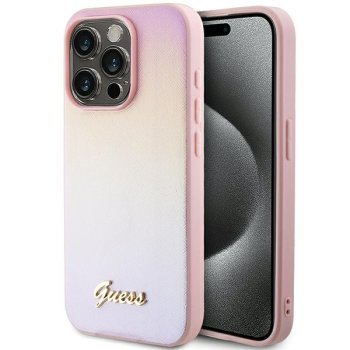 Guess dėklas iPhone 15 Pro Max telefonui Saffiano Iridescent Script, rožinis