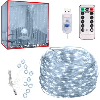 LED girlianda-užuolaida 3x3 m, 300 LED, USB su pulteliu, šaltai balta