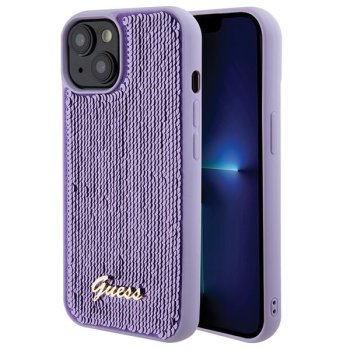 Guess dėklas iPhone 15 telefonui Sequin Script Metal, violetinis