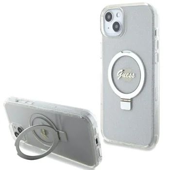 Guess Ring Stand Script Glitter MagSafe Case for iPhone 15 Plus / 14 Plus Transparent