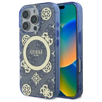 Guess dėklas iPhone 16 Pro su MagSafe, IML Peony On 4G, mėlynas