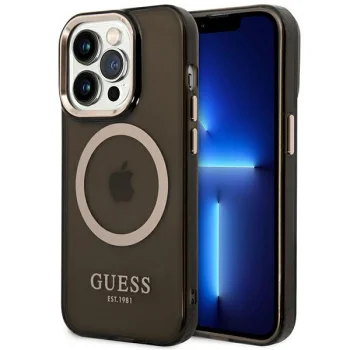 Guess iPhone 14 Pro Case Gold Outline Translucent MagSafe Black