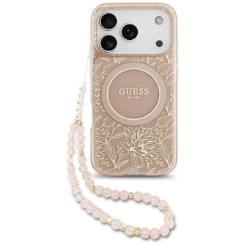 „Guess IML Flowers Electro“ dėklas „iPhone 17 Pro“ su perlų dirželiu, rožinis