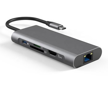 Extra Digital USB-C šakotuvas (8-in-1) HDMI, RJ45, USB 3.0, SD, pilkas