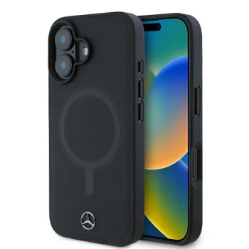Mercedes-Benz dėklas iPhone 16 telefonui, Plain Smooth Leather MagSafe, juodas
