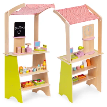 Ecotoys HM328234 medinė parduotuvė vaikams su terminalu ir svarstyklėmis