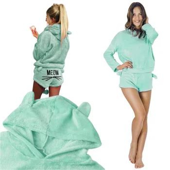 Women's Two-Piece Plush Pajamas with Hood, Short Pants, Blue, L