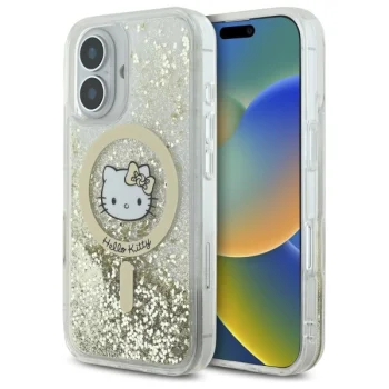 Hello Kitty dėklas iPhone 16 telefonui Liquid Glitter Fever MagSafe, auksinis