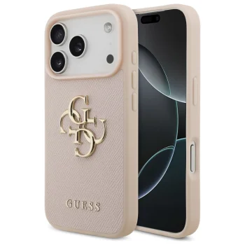 Guess dėklas iPhone 17 Pro modeliams Grained Big 4G & Classic Logo, rožinis