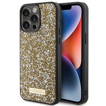 Guess dėklas iPhone 15 Pro Max telefonui Rhinestone Metal Logo, geltonas