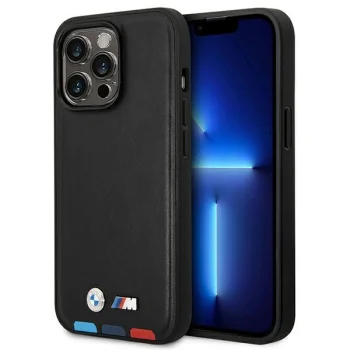 BMW dėklas iPhone 14 Pro Max telefonui Leather Stamp Tricolor MagSafe, juodas